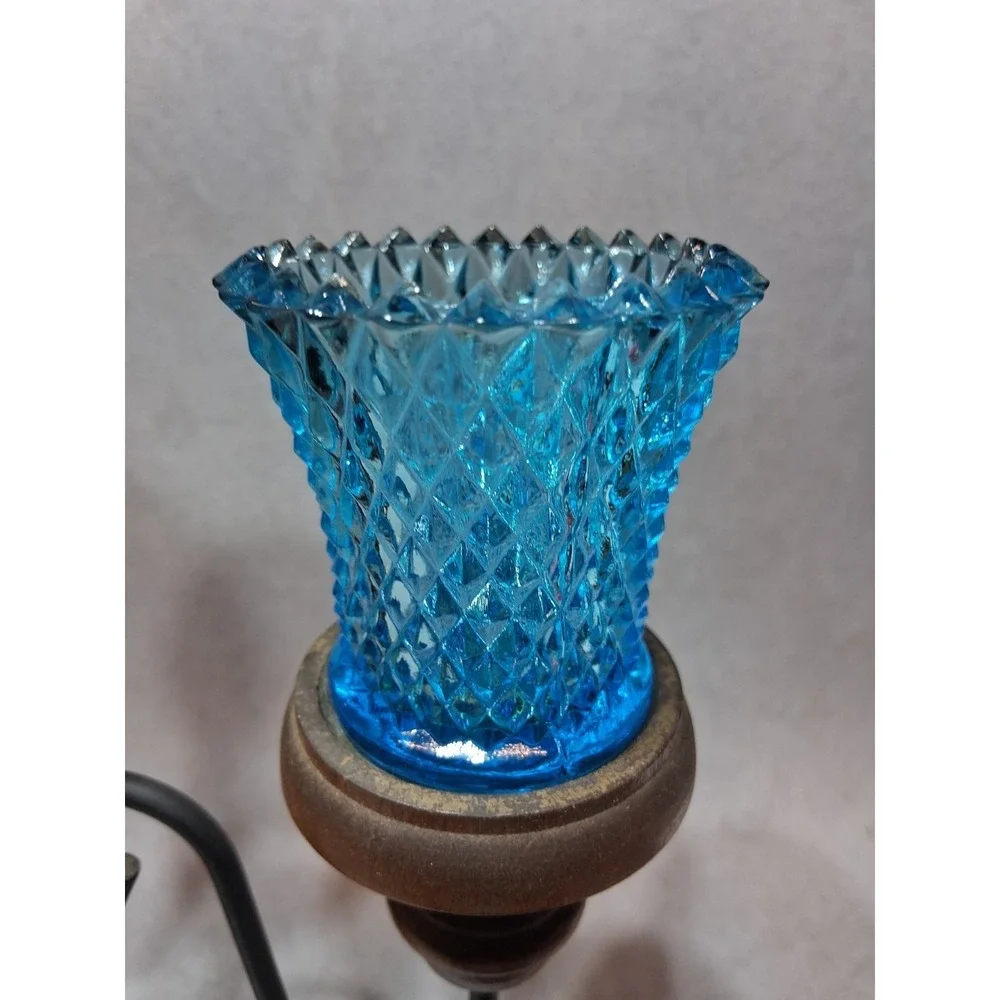VTG Homco 5 Arm Metal Wood Candelabra With Teal Glass Votive Cups